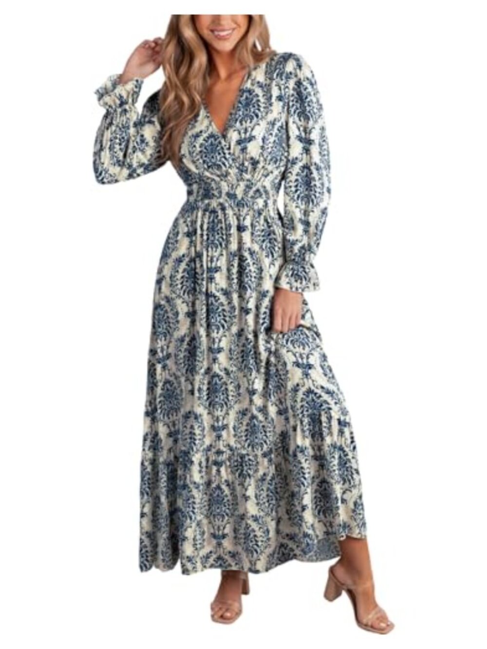 V Neck Ruffled Long Sleeve Maxi Dress Smocked Waist A Line Paisley